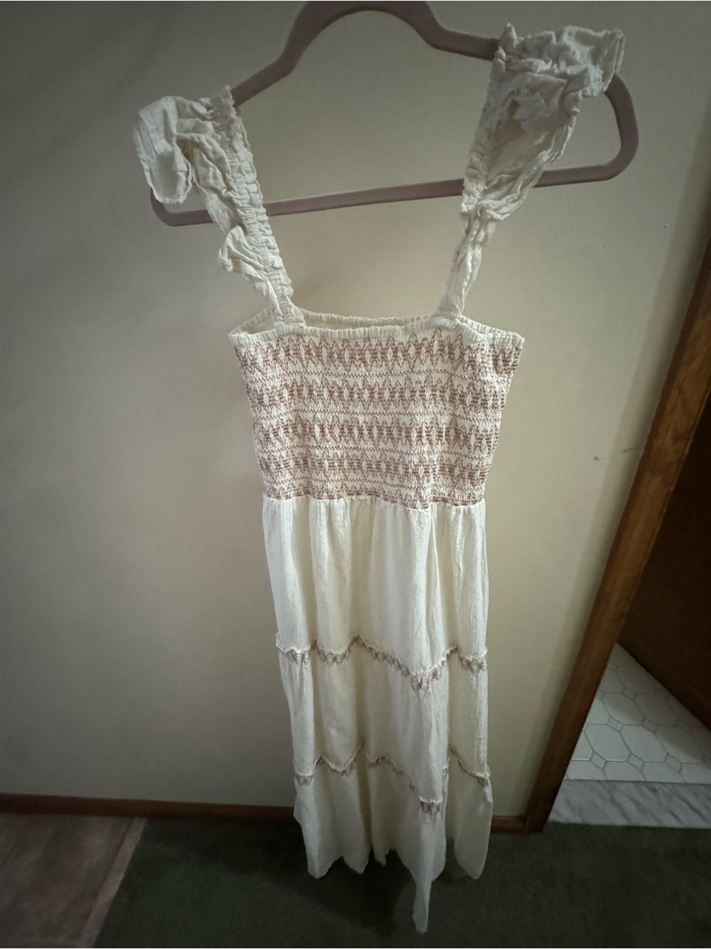 White Maxi Dress with Pink Smocked Bodice and Ruffled Straps